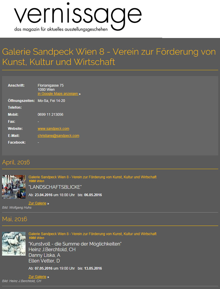 International Vienna Mietgalerie Josefstadt Stadtspionin Das Magazin für aktuelles Ausstellungsgeschehen Vernissage Kurier Freizeit Kultur Wochenende Kronen Zeitung oe24 Österreich Augustin Strawanzerin BZ Wiener Bezirkszeitung Josefstadt Tage der offenen Werkstätten achten herum A-List Wien Tourismus der Grazer Österreich Heute Zeitung Kunstplattform für moderne Kunst Kulturverein Galerie Sandpeck Wien zeitgenössische österreichische Kunst K
          ultur Wirtschaft Veranstaltungslokal Künstlerberatung Kunstkalender Kunsthandwerksmarkt Veranstaltungsprogramm Pop-up-Store Florianigasse Josefstädter 1080 kaufen mieten Werkpräsentation Ausstellung bildende gestaltende KünstlerInnen GrafikerInnen FotografInnen KunsthandwerkerInnen angewandten Gebrauchskunst DesignerInnen ErwachsenenbildnerInnen KursleiterInnen TrainerInnen Menschen Fachwissen Kompetenzen Wissen Können interessierten Menschen AutorInnen LiteratInnen DichterInnen LyrikerInnen SchriftstellerInnen JournalistInnen MusikerInnen AlleinunterhalterInnen Ausstellungsräume Kursräume Seminarraum geschlossene Veranstaltungen Mietraum Fest privater Rahmen Übungsraum MusikerInnen Treffpunkt regelmäßige Gruppen Trainingsgruppe Kunstwerke Kunstmarkt Mietkunst Ausstellungszeit Programm Kunstverleih Kunstinteressenten 
          Unterstützer KunstsammlerIn Vermarktung Marketing Kommunikationsstrategien Presse Öffentlichkeitsarbeit Konzepte Printmedien Onlinemedien künstlerischen Arbeit Ausstellungsorganisation Pressemitteilungen Onlineplattformen gewinnbringender Webseiten Künstlerhompage Weihnachtsmarkt Christkindlmarkt Adventmarkt