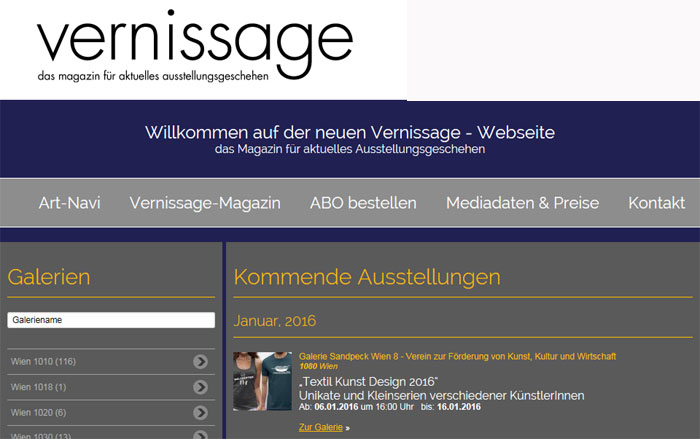 International Vienna Mietgalerie Josefstadt Stadtspionin Das Magazin für aktuelles Ausstellungsgeschehen Vernissage Kurier Freizeit Kultur Wochenende Kronen Zeitung oe24 Österreich Augustin Strawanzerin BZ Wiener Bezirkszeitung Josefstadt Tage der offenen Werkstätten achten herum A-List Wien Tourismus der Grazer Österreich Heute Zeitung Kunstplattform für moderne Kunst Kulturverein Galerie Sandpeck Wien zeitgenössische österreichische Kunst K
          ultur Wirtschaft Veranstaltungslokal Künstlerberatung Kunstkalender Kunsthandwerksmarkt Veranstaltungsprogramm Pop-up-Store Florianigasse Josefstädter 1080 kaufen mieten Werkpräsentation Ausstellung bildende gestaltende KünstlerInnen GrafikerInnen FotografInnen KunsthandwerkerInnen angewandten Gebrauchskunst DesignerInnen ErwachsenenbildnerInnen KursleiterInnen TrainerInnen Menschen Fachwissen Kompetenzen Wissen Können interessierten Menschen AutorInnen LiteratInnen DichterInnen LyrikerInnen SchriftstellerInnen JournalistInnen MusikerInnen AlleinunterhalterInnen Ausstellungsräume Kursräume Seminarraum geschlossene Veranstaltungen Mietraum Fest privater Rahmen Übungsraum MusikerInnen Treffpunkt regelmäßige Gruppen Trainingsgruppe Kunstwerke Kunstmarkt Mietkunst Ausstellungszeit Programm Kunstverleih Kunstinteressenten 
          Unterstützer KunstsammlerIn Vermarktung Marketing Kommunikationsstrategien Presse Öffentlichkeitsarbeit Konzepte Printmedien Onlinemedien künstlerischen Arbeit Ausstellungsorganisation Pressemitteilungen Onlineplattformen gewinnbringender Webseiten Künstlerhompage Weihnachtsmarkt Christkindlmarkt Adventmarkt