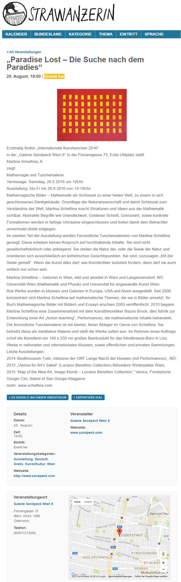 Mietgalerie Wien Vernissage Ausstellung Kunstgalerie International Vienna Mietgalerie Josefstadt Stadtspionin Das Magazin für aktuelles Ausstellungsgeschehen Vernissage Kurier Freizeit Kultur Wochenende Kronen Zeitung oe24 Österreich Augustin Strawanzerin BZ Wiener Bezirkszeitung Josefstadt Tage der offenen Werkstätten achten herum A-List Wien Tourismus der Grazer Österreich Heute Zeitung Kunstplattform für moderne Kunst Kulturverein Galerie Sandpeck Wien zeitgenössische österreichische Kunst K
          ultur Wirtschaft Veranstaltungslokal Künstlerberatung Kunstkalender Kunsthandwerksmarkt Veranstaltungsprogramm Pop-up-Store Florianigasse Josefstädter 1080 kaufen mieten Werkpräsentation Ausstellung bildende gestaltende KünstlerInnen GrafikerInnen FotografInnen KunsthandwerkerInnen angewandten Gebrauchskunst DesignerInnen ErwachsenenbildnerInnen KursleiterInnen TrainerInnen Menschen Fachwissen Kompetenzen Wissen Können interessierten Menschen AutorInnen LiteratInnen DichterInnen LyrikerInnen SchriftstellerInnen JournalistInnen MusikerInnen AlleinunterhalterInnen Ausstellungsräume Kursräume Seminarraum geschlossene Veranstaltungen Mietraum Fest privater Rahmen Übungsraum MusikerInnen Treffpunkt regelmäßige Gruppen Trainingsgruppe Kunstwerke Kunstmarkt Mietkunst Ausstellungszeit Programm Kunstverleih Kunstinteressenten 
          Unterstützer KunstsammlerIn Vermarktung Marketing Kommunikationsstrategien Presse Öffentlichkeitsarbeit Konzepte Printmedien Onlinemedien künstlerischen Arbeit Ausstellungsorganisation Pressemitteilungen Onlineplattformen gewinnbringender Webseiten Künstlerhompage Weihnachtsmarkt Christkindlmarkt Adventmarkt