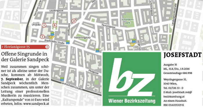 Offene Singrunde Nadja Offinger Wien Vernissage Ausstellung Kunstgalerie International Vienna Mietgalerie Josefstadt Stadtspionin Das Magazin für aktuelles Ausstellungsgeschehen Vernissage Kurier Freizeit Kultur Wochenende Kronen Zeitung oe24 Österreich Augustin Strawanzerin BZ Wiener Bezirkszeitung Josefstadt Tage der offenen Werkstätten achten herum A-List Wien Tourismus der Grazer Österreich Heute Zeitung Kunstplattform für moderne Kunst Kulturverein Galerie Sandpeck Wien zeitgenössische österreichische Kunst K
          ultur Wirtschaft Veranstaltungslokal Künstlerberatung Kunstkalender Kunsthandwerksmarkt Veranstaltungsprogramm Pop-up-Store Florianigasse Josefstädter 1080 kaufen mieten Werkpräsentation Ausstellung bildende gestaltende KünstlerInnen GrafikerInnen FotografInnen KunsthandwerkerInnen angewandten Gebrauchskunst DesignerInnen ErwachsenenbildnerInnen KursleiterInnen TrainerInnen Menschen Fachwissen Kompetenzen Wissen Können interessierten Menschen AutorInnen LiteratInnen DichterInnen LyrikerInnen SchriftstellerInnen JournalistInnen MusikerInnen AlleinunterhalterInnen Ausstellungsräume Kursräume Seminarraum geschlossene Veranstaltungen Mietraum Fest privater Rahmen Übungsraum MusikerInnen Treffpunkt regelmäßige Gruppen Trainingsgruppe Kunstwerke Kunstmarkt Mietkunst Ausstellungszeit Programm Kunstverleih Kunstinteressenten 
          Unterstützer KunstsammlerIn Vermarktung Marketing Kommunikationsstrategien Presse Öffentlichkeitsarbeit Konzepte Printmedien Onlinemedien künstlerischen Arbeit Ausstellungsorganisation Pressemitteilungen Onlineplattformen gewinnbringender Webseiten Künstlerhompage Weihnachtsmarkt Christkindlmarkt Adventmarkt