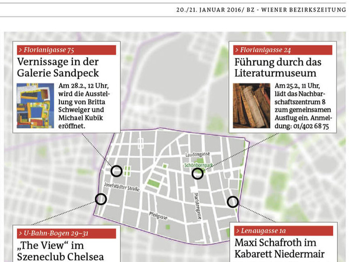 International Vienna Mietgalerie Josefstadt Stadtspionin Das Magazin für aktuelles Ausstellungsgeschehen Vernissage Kurier Freizeit Kultur Wochenende Kronen Zeitung oe24 Österreich Augustin Strawanzerin BZ Wiener Bezirkszeitung Josefstadt Tage der offenen Werkstätten achten herum A-List Wien Tourismus der Grazer Österreich Heute Zeitung Kunstplattform für moderne Kunst Kulturverein Galerie Sandpeck Wien zeitgenössische österreichische Kunst K
          ultur Wirtschaft Veranstaltungslokal Künstlerberatung Kunstkalender Kunsthandwerksmarkt Veranstaltungsprogramm Pop-up-Store Florianigasse Josefstädter 1080 kaufen mieten Werkpräsentation Ausstellung bildende gestaltende KünstlerInnen GrafikerInnen FotografInnen KunsthandwerkerInnen angewandten Gebrauchskunst DesignerInnen ErwachsenenbildnerInnen KursleiterInnen TrainerInnen Menschen Fachwissen Kompetenzen Wissen Können interessierten Menschen AutorInnen LiteratInnen DichterInnen LyrikerInnen SchriftstellerInnen JournalistInnen MusikerInnen AlleinunterhalterInnen Ausstellungsräume Kursräume Seminarraum geschlossene Veranstaltungen Mietraum Fest privater Rahmen Übungsraum MusikerInnen Treffpunkt regelmäßige Gruppen Trainingsgruppe Kunstwerke Kunstmarkt Mietkunst Ausstellungszeit Programm Kunstverleih Kunstinteressenten 
          Unterstützer KunstsammlerIn Vermarktung Marketing Kommunikationsstrategien Presse Öffentlichkeitsarbeit Konzepte Printmedien Onlinemedien künstlerischen Arbeit Ausstellungsorganisation Pressemitteilungen Onlineplattformen gewinnbringender Webseiten Künstlerhompage Weihnachtsmarkt Christkindlmarkt Adventmarkt
