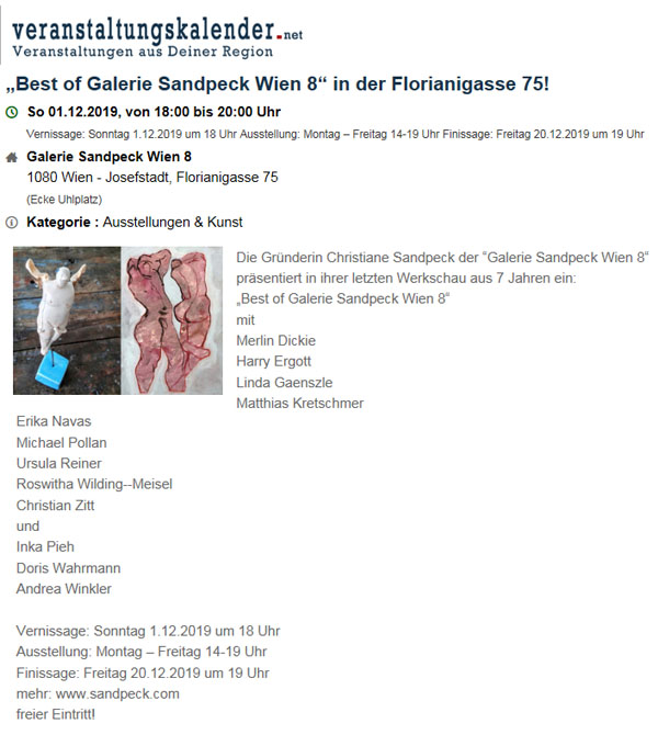 Galerie Sandpeck Wien 8 Josefstadt Mietgalerie österreichische zeitgenössische Kunst Kultur bildende gestaltende KünstlerInnen FotografInnen DesignerInnen Ausstellung Vernissage Finissage Weihnachtsmarkt Adventmarkt Kunstmarkt Kunstsupermarkt Kunsthandwerksmarkt Christkindlmarkt Galerie Sandpeck Design Adventmarkt 2018 Wien Josefstadt Gegenwartskunst zeitgenössische moderne österreichische Mietgalerie Kunst Kultur Wirtschaft Veranstaltungslokal Kunstkalender Veranstaltungsprogramm Pop-up-Store Seminarraum Übungsraum Kursräume Trainingsraum mieten Mietgalerie Florianigasse Josefstädter Straße 1080 kaufen mieten Werkpräsentation Ausstellung Vernissage bildende gestaltende KünstlerInnen GrafikerInnen FotografInnen KunsthandwerkerInnen angewandten Kunst Gebrauchskunst DesignerInnen offene Singrunde ErwachsenenbildnerInnen KursleiterInnen TrainerInnen Menschen Fachwissen Kompetenzen Wissen Können interessierten Menschen AutorInnen LiteratInnen DichterInnen LyrikerInnen SchriftstellerInnen JournalistInnen MusikerInnen AlleinunterhalterInnen Ausstellungsräume geschlossene Veranstaltungen Fest privaten Rahmen MusikerInnen Treffpunkt regelmäßige Gruppen Trainingsgruppe Kunstwerke Kunstmarkt Kunst mieten Mietkunst Ausstellungszeit Programm Kunstverleihs  Kunstinteressenten Unterstützer KunstsammlerIn Autoren Verlage Vermarktung Marketing Kommunikationsstrategien Presse Öffentlichkeitsarbeit Konzepte Printmedien Onlinemedien künstlerischen Arbeit Ausstellungsorganisation Pressemitteilungen Onlineplattformen gewinnbringender Webseiten Künstlerhompage Künstlerberatung Performances Veranstaltungskalender Kunsthandwerksmarkt Weihnachtsmarkt Christkindlmarkt Adventmarkt
